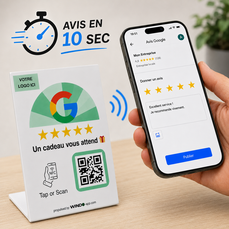 Le client Tap ou Scanne, et laisse un avis Google.